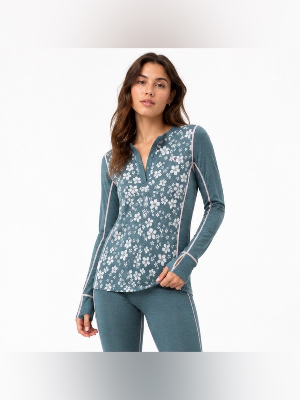 Kari Traa Wool Lyocell Floral Henley Base Layer Top M (0001)
